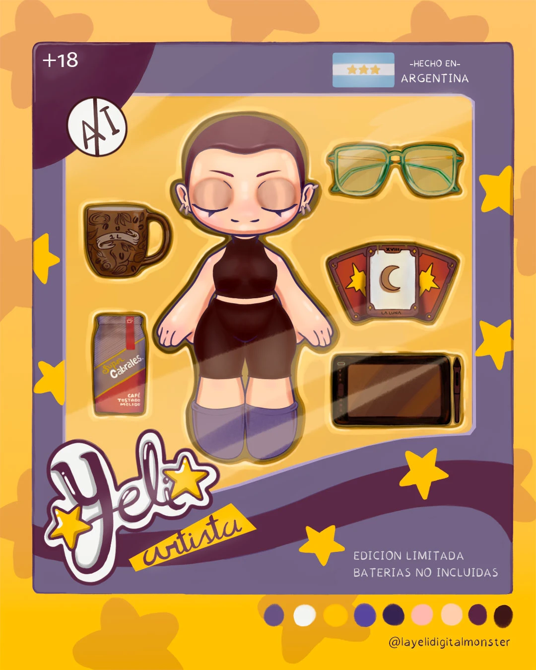 Autorretrato de Yelifish presentado como un starter pack coleccionable